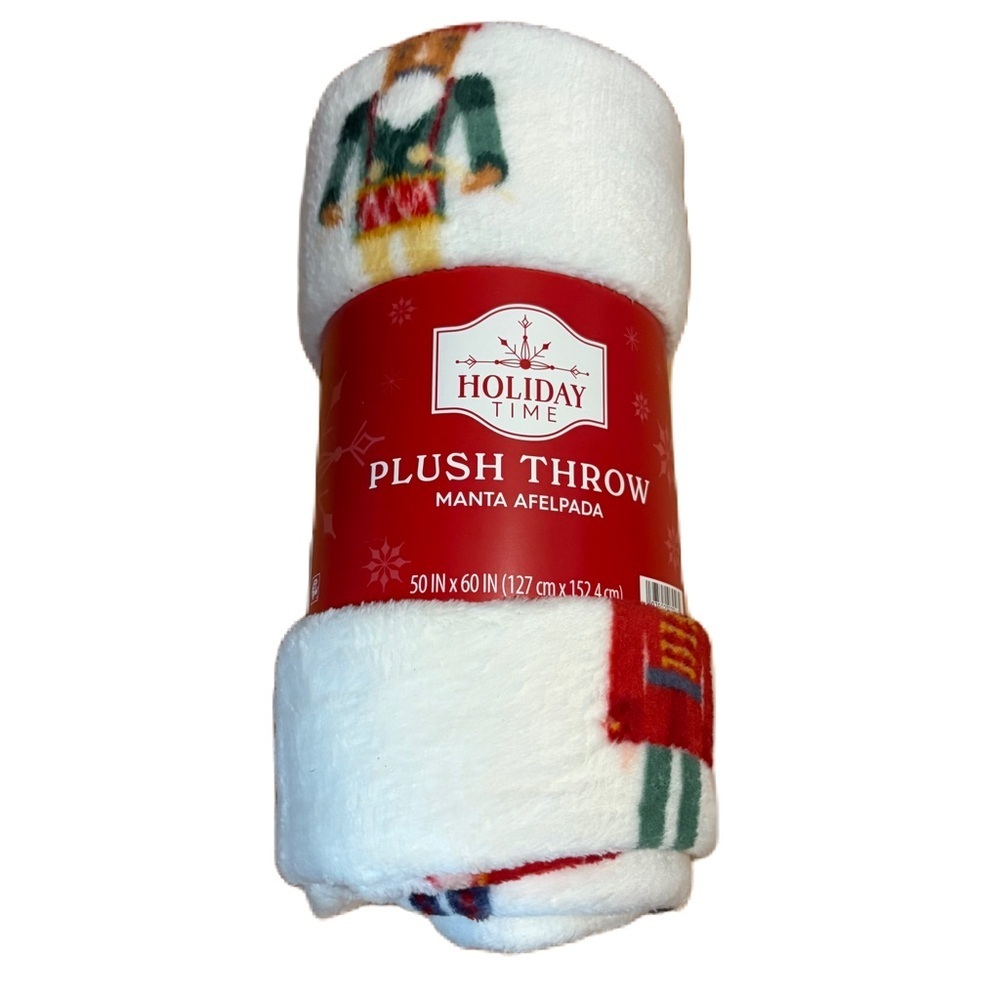 Holiday Time White Plush Throw Blanket Green Nutcracker Motifs NEW Christmas